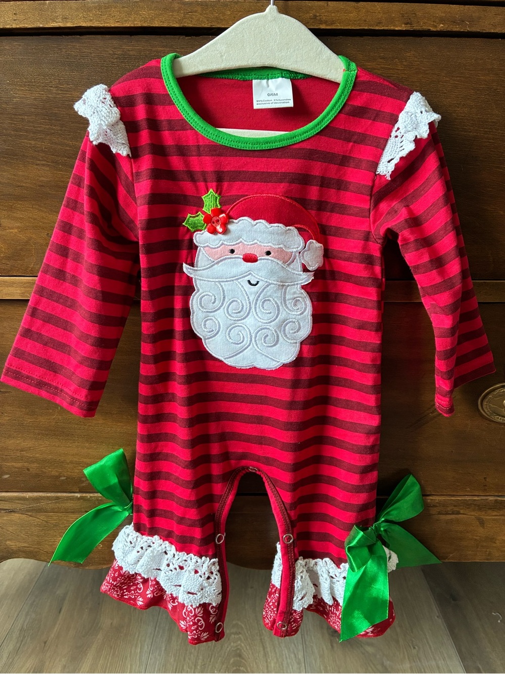 Red Stripe Santa Applique One-Piece for Kids - Festive Holiday Outfit